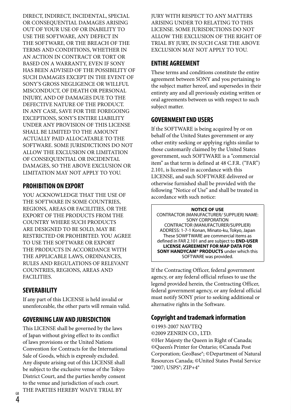 Prohibition on export, Severability, Governing law and jurisdiction | Entire agreement, Government end users, Copyright and trademark information | Sony HDR-CX500E User Manual | Page 4 / 36