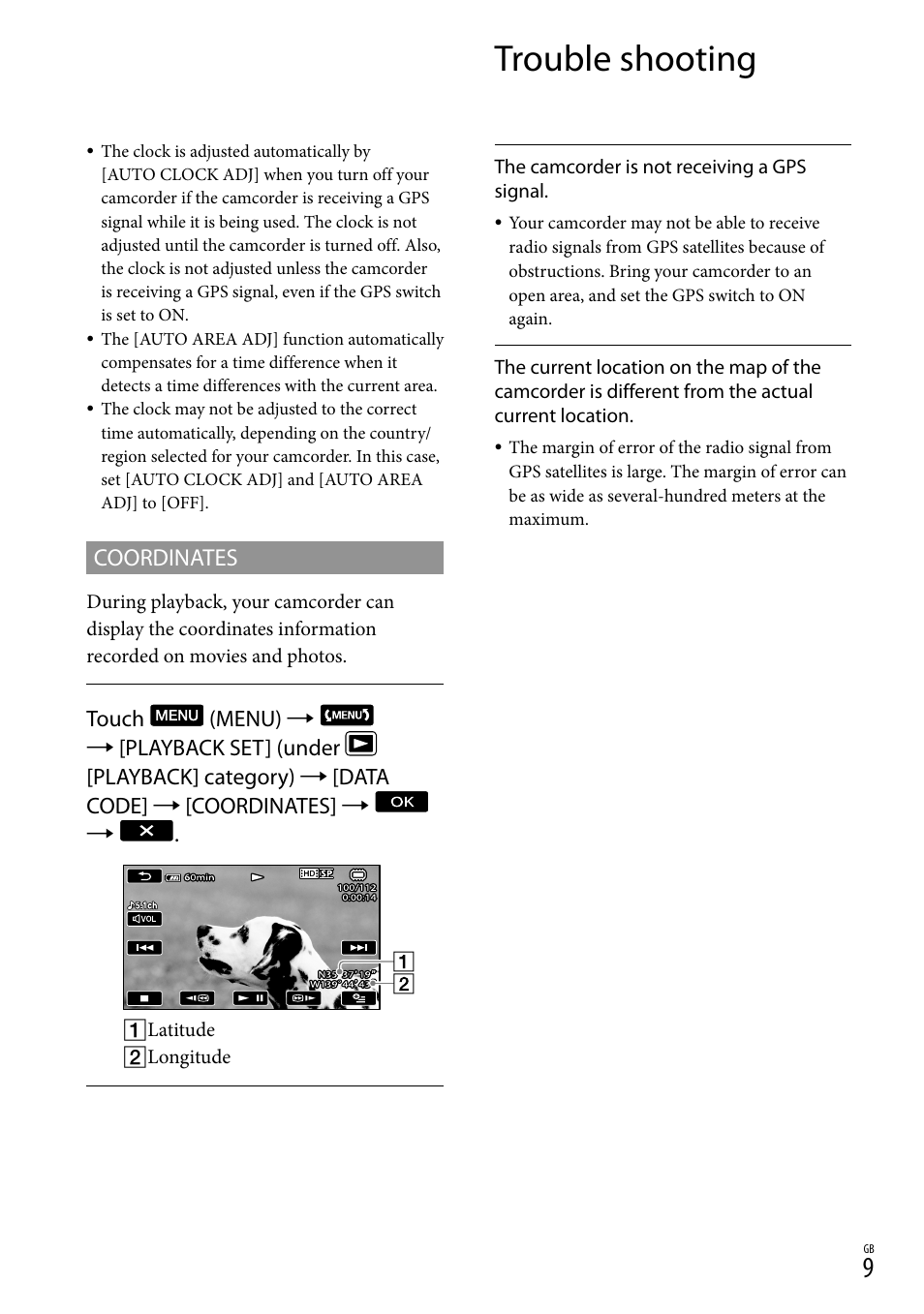 Trouble shooting, Coordinates | Sony HDR-CX500E User Manual | Page 9 / 36