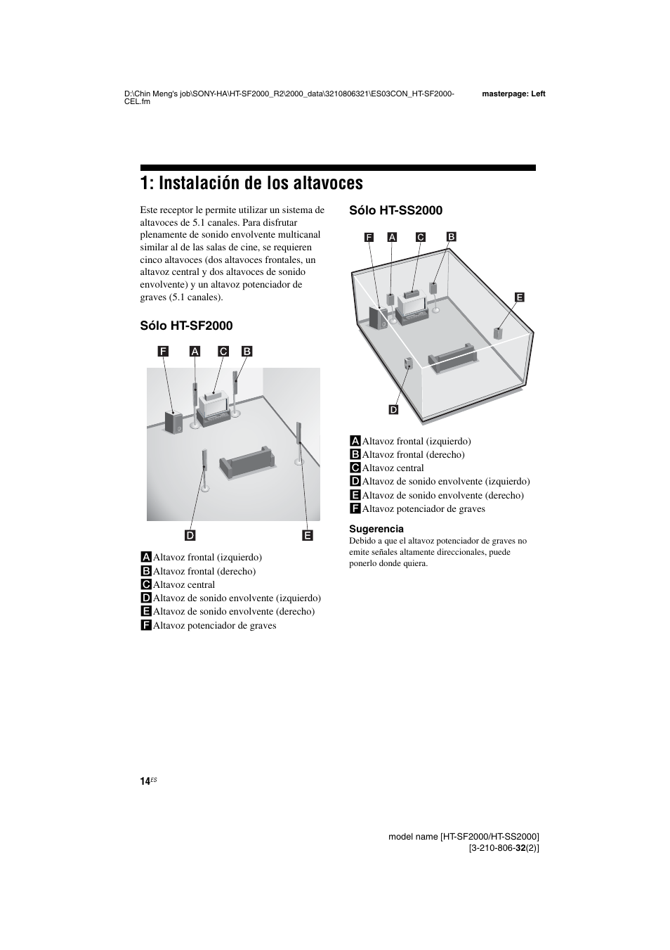 Instalación de los altavoces | Sony HT-SS2000 User Manual | Page 14 / 76