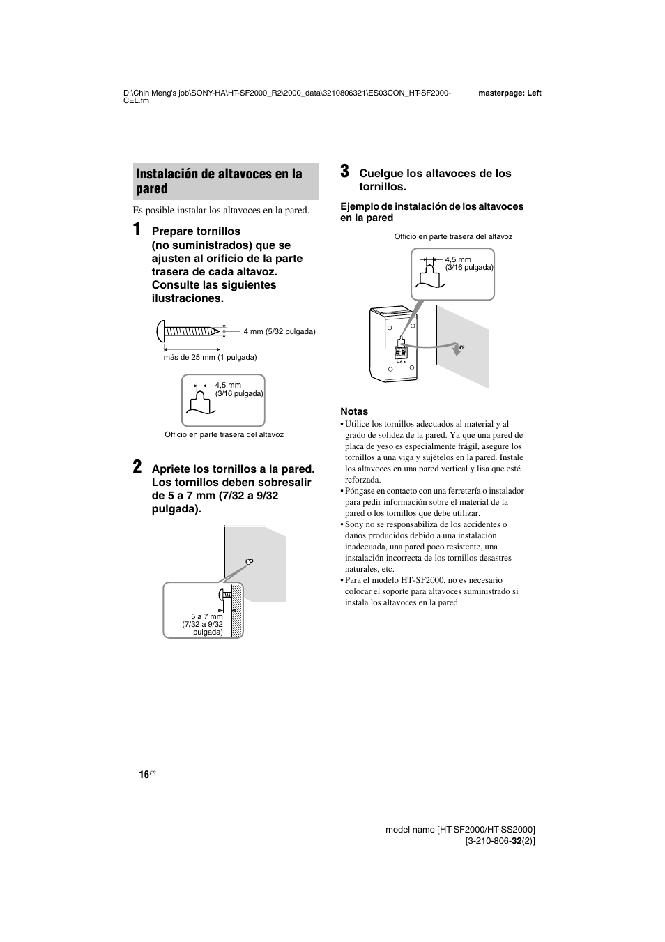 Instalación de altavoces en la pared | Sony HT-SS2000 User Manual | Page 16 / 76