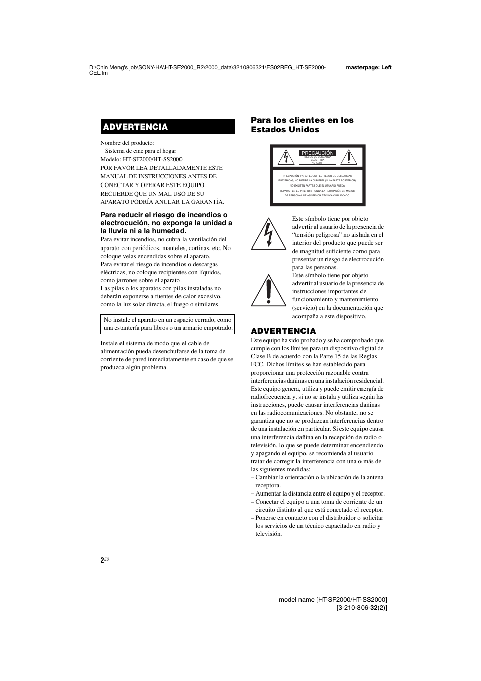 Para los clientes en los estados unidos, Advertencia | Sony HT-SS2000 User Manual | Page 2 / 76