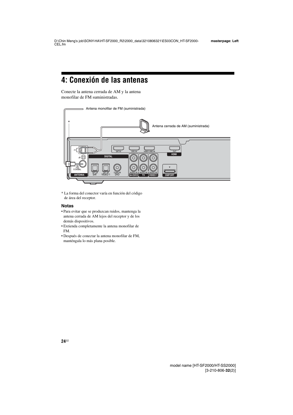 Conexión de las antenas, Notas | Sony HT-SS2000 User Manual | Page 24 / 76