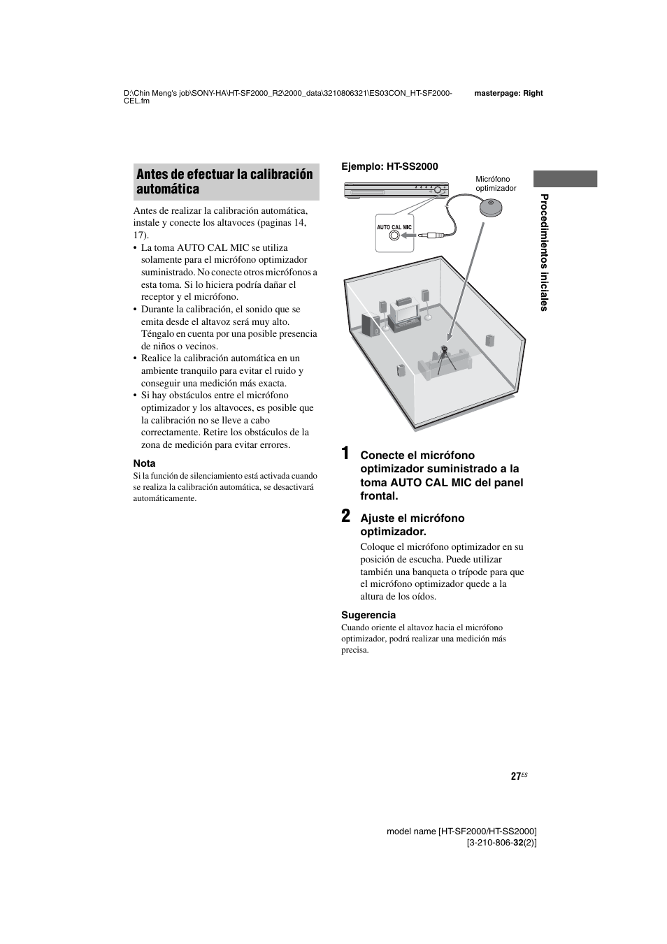 Antes de efectuar la calibración automática | Sony HT-SS2000 User Manual | Page 27 / 76