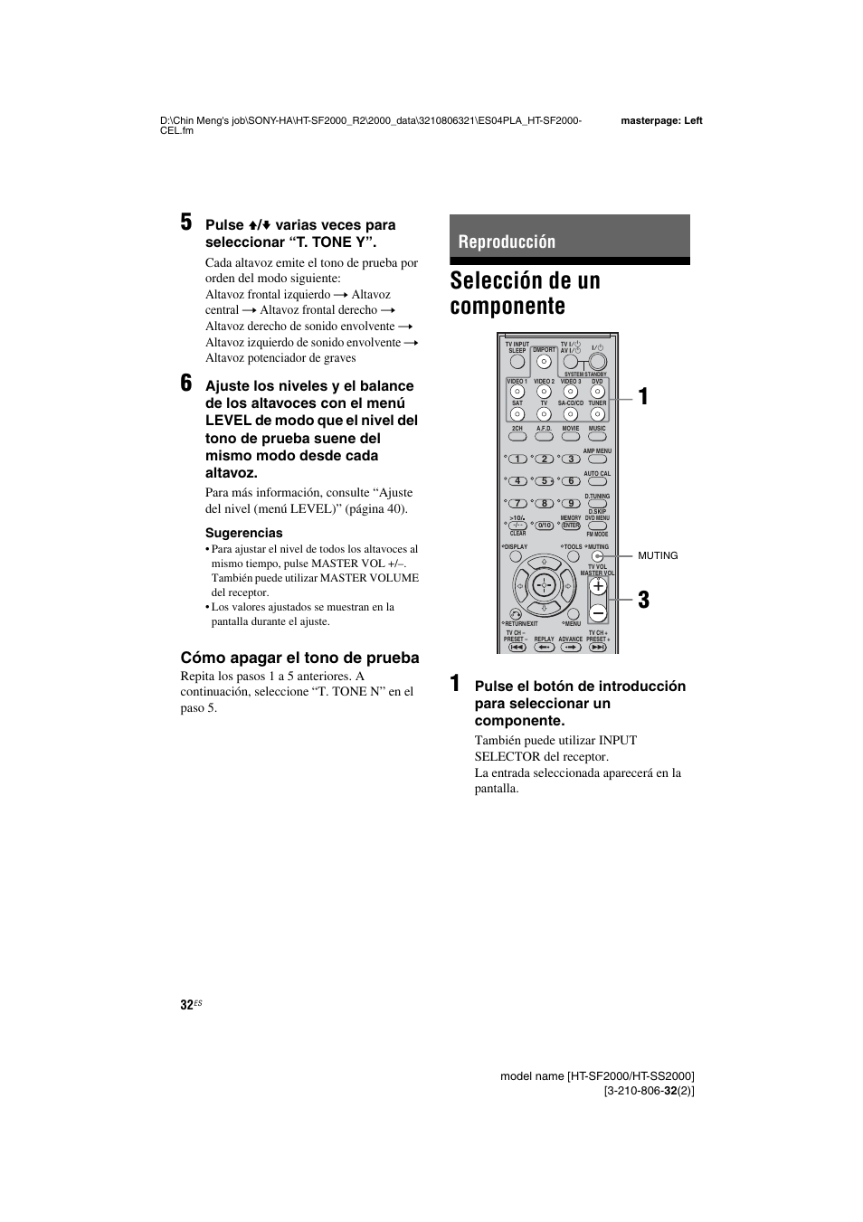 Reproducción, Selección de un componente, As 32 | Áginas 32, Selección de un componente 1, Cómo apagar el tono de prueba | Sony HT-SS2000 User Manual | Page 32 / 76