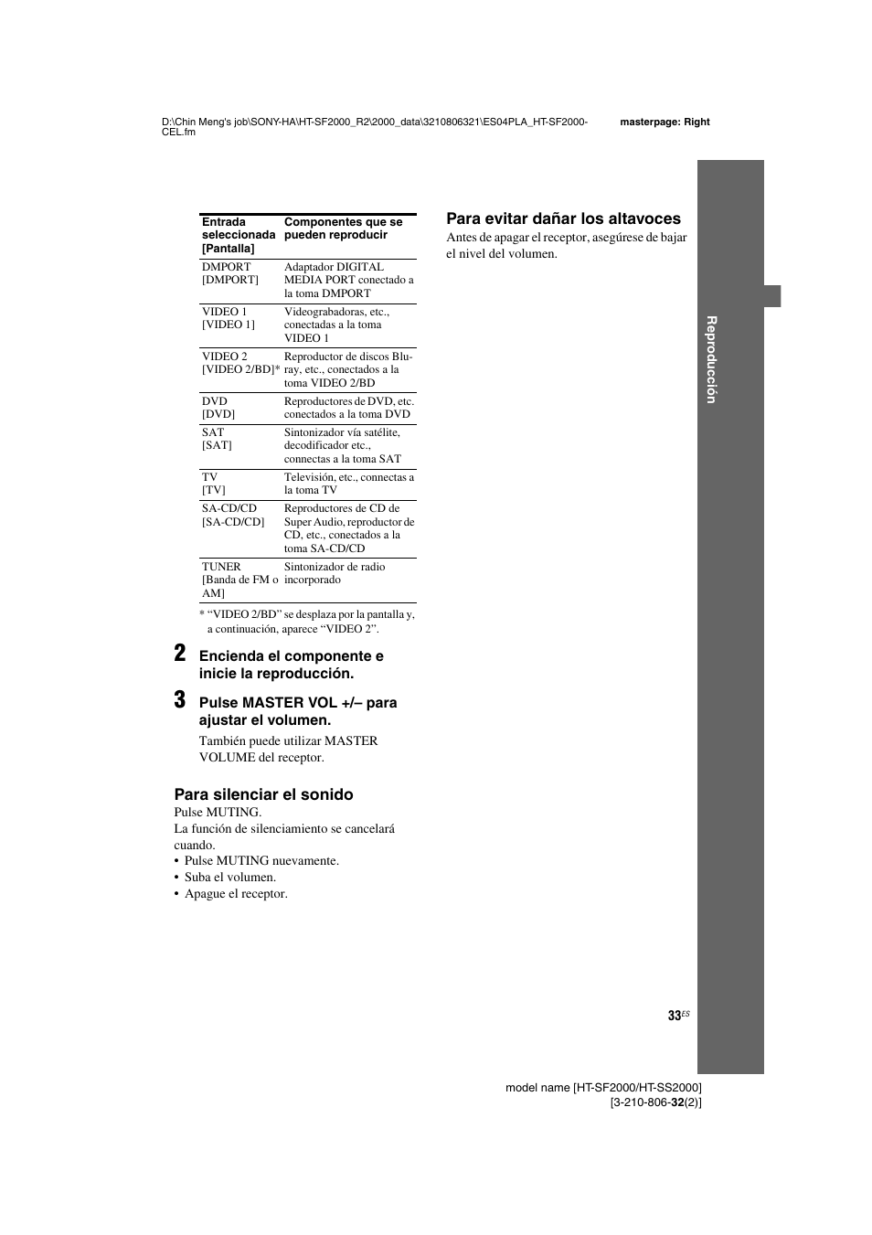 Para silenciar el sonido, Para evitar dañar los altavoces | Sony HT-SS2000 User Manual | Page 33 / 76