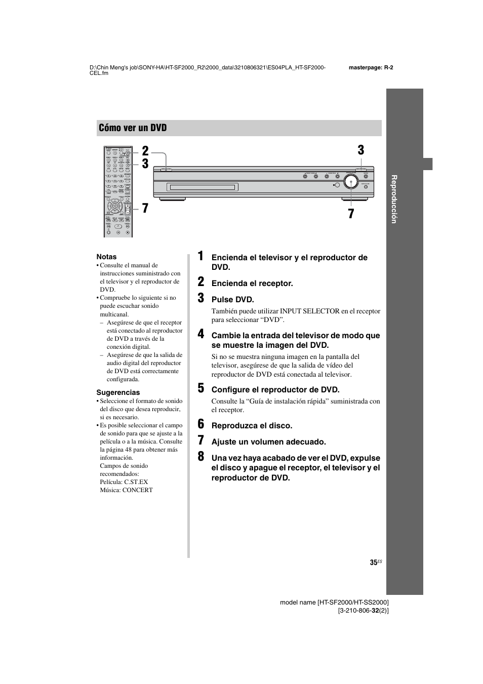 Cómo ver un dvd, Encienda el televisor y el reproductor de dvd, Encienda el receptor | Pulse dvd, Configure el reproductor de dvd, Reproduzca el disco, Ajuste un volumen adecuado, Rep rod ucci ón, Notas, Sugerencias | Sony HT-SS2000 User Manual | Page 35 / 76