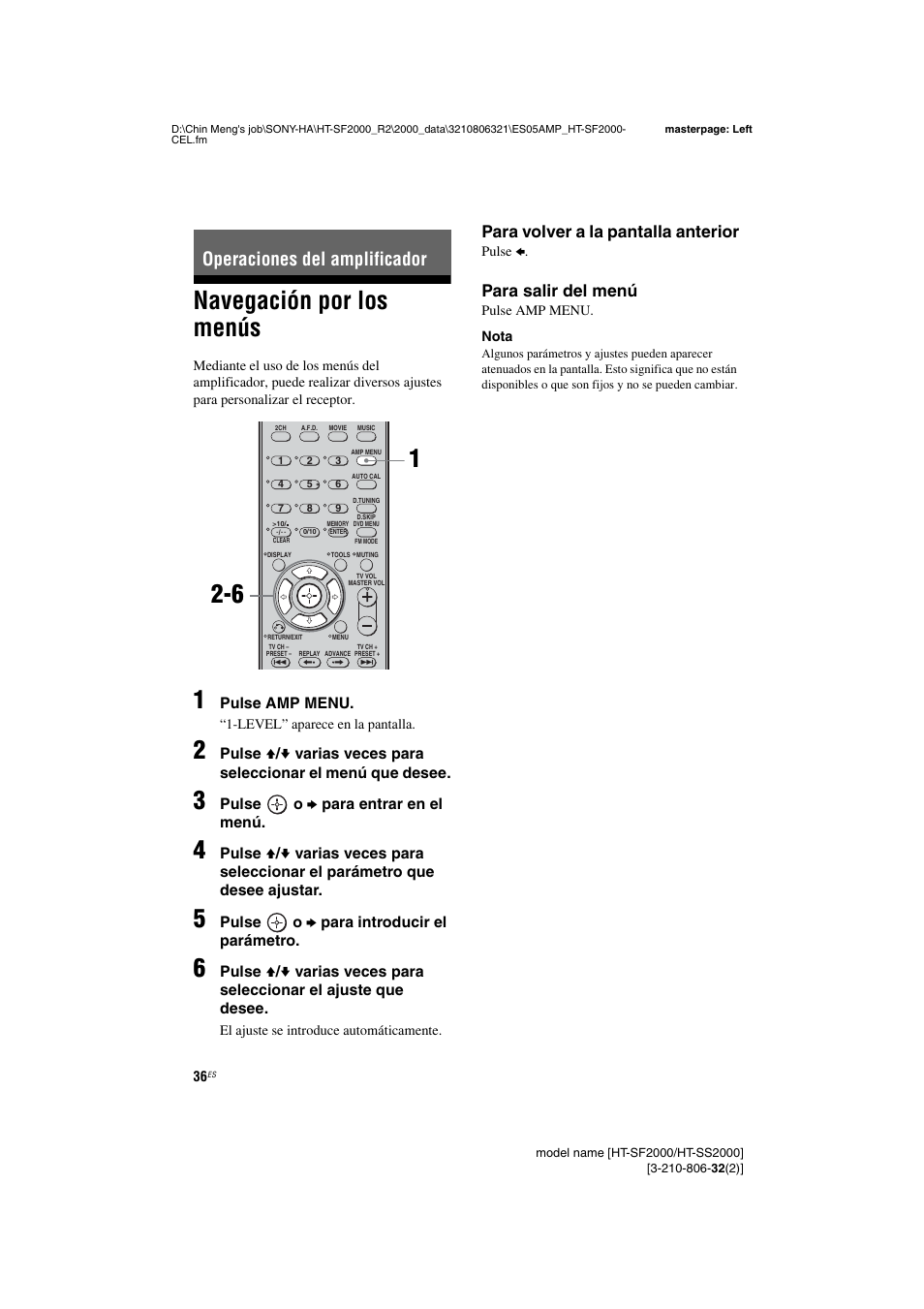 Operaciones del amplificador, Navegación por los menús, Para volver a la pantalla anterior | Para salir del menú | Sony HT-SS2000 User Manual | Page 36 / 76