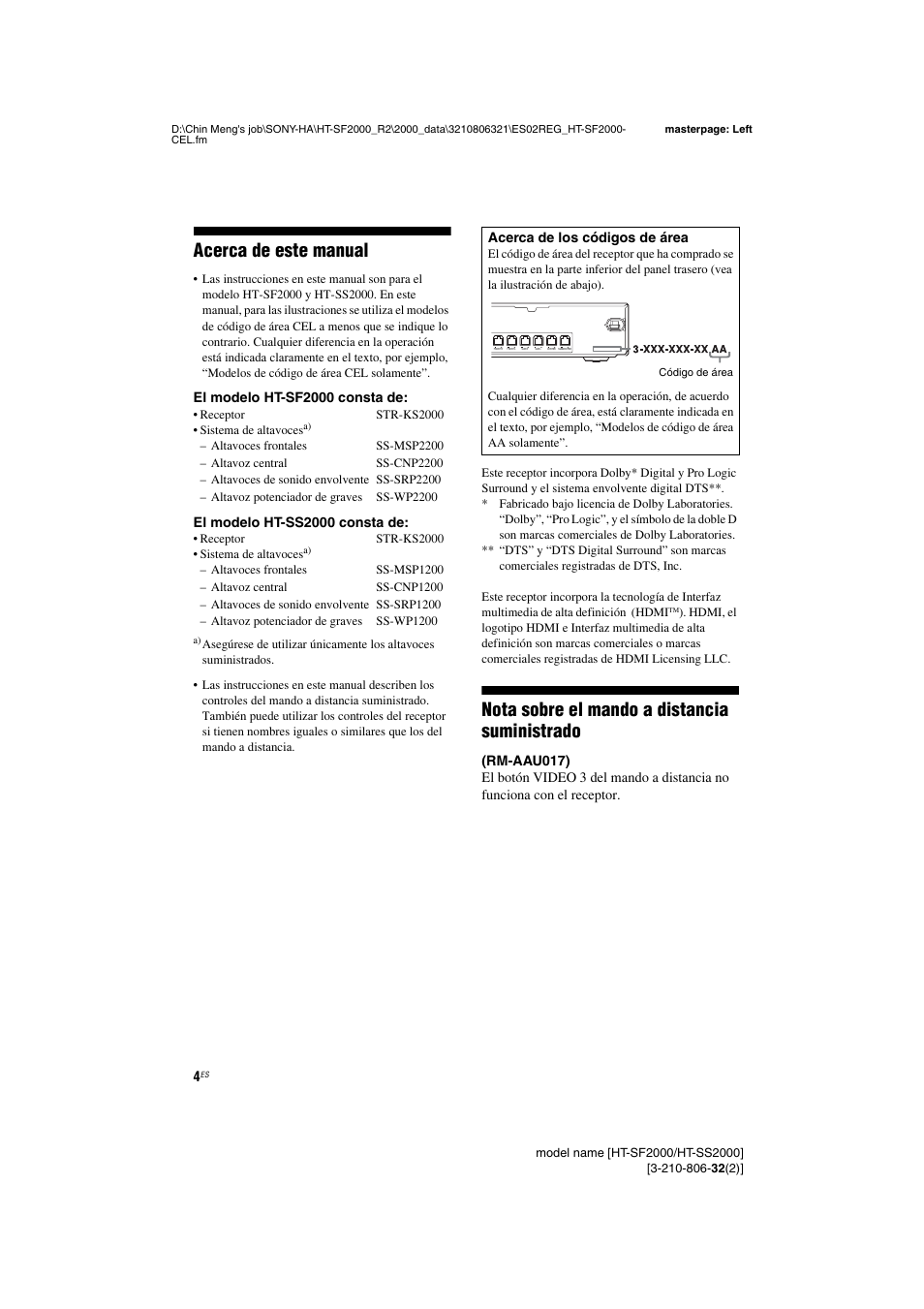 Acerca de este manual, Nota sobre el mando a distancia suministrado | Sony HT-SS2000 User Manual | Page 4 / 76