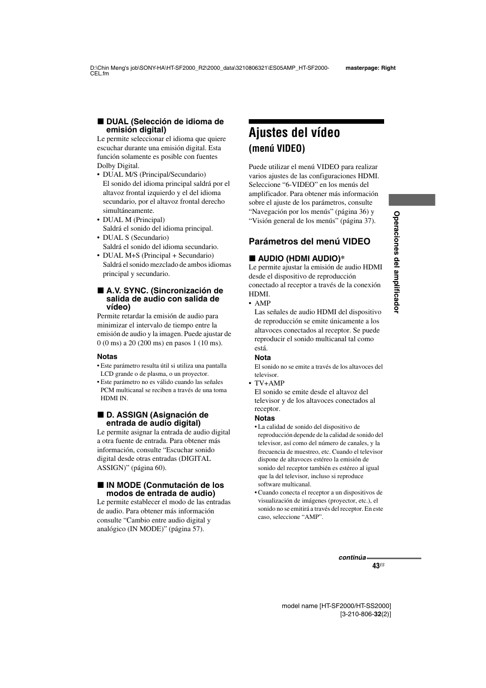 Ajustes del vídeo (menú video), Ajustes del vídeo, Menú video) | Sony HT-SS2000 User Manual | Page 43 / 76