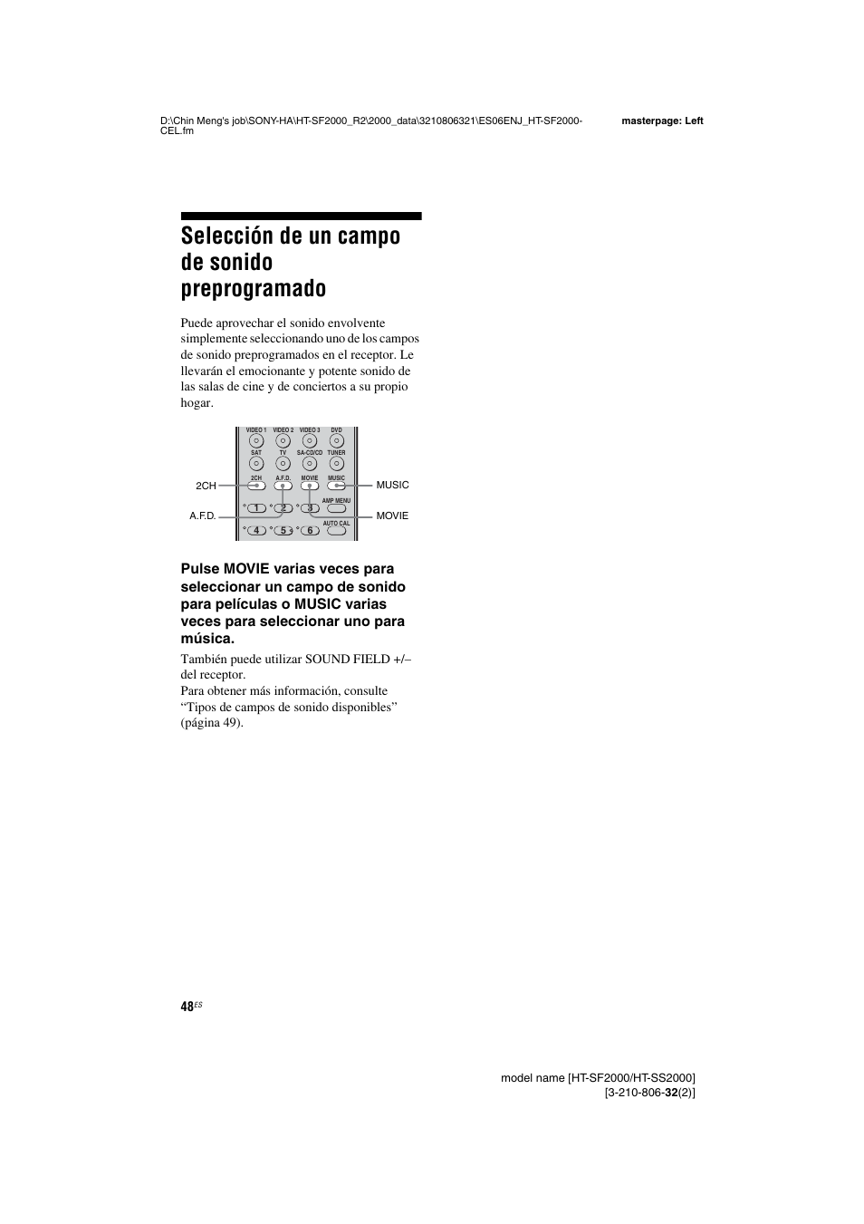 Selección de un campo de sonido preprogramado, Selección de un campo de sonido, Preprogramado | Sony HT-SS2000 User Manual | Page 48 / 76