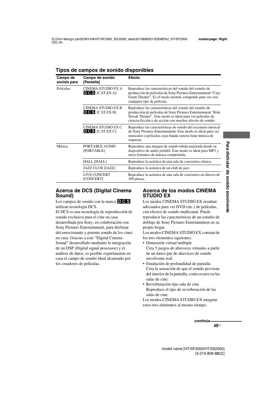 Acerca de los modos cinema studio ex | Sony HT-SS2000 User Manual | Page 49 / 76