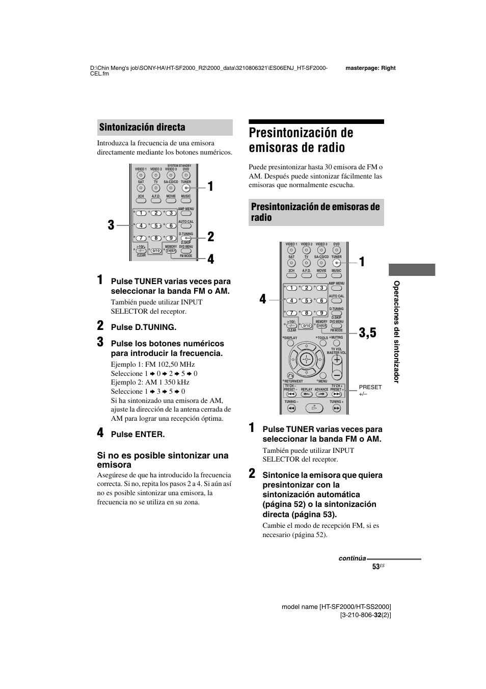 Presintonización de emisoras de radio, Sintonización directa, Si no es posible sintonizar una emisora | Pulse d.tuning, Pulse enter | Sony HT-SS2000 User Manual | Page 53 / 76