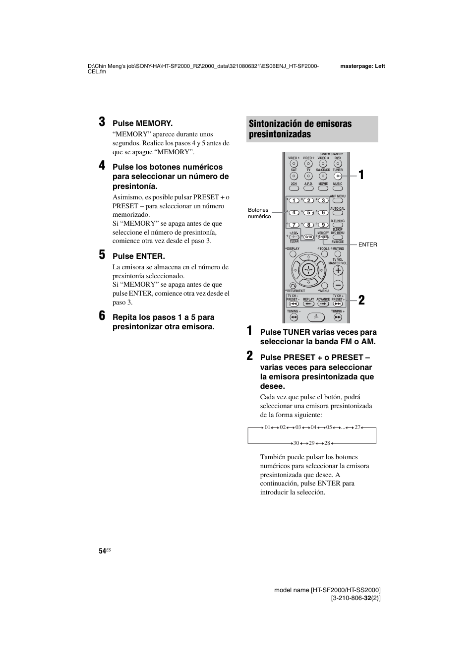 Sintonización de emisoras presintonizadas, Pulse enter | Sony HT-SS2000 User Manual | Page 54 / 76