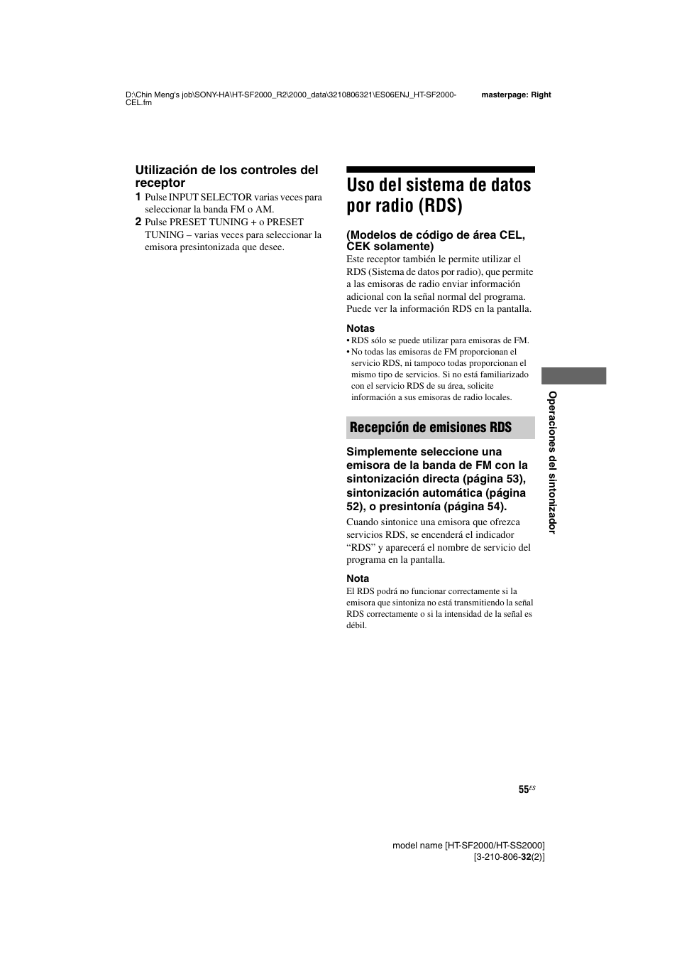 Uso del sistema de datos por radio (rds), Modelos de código de área cel, cek solamente), Recepción de emisiones rds | Sony HT-SS2000 User Manual | Page 55 / 76