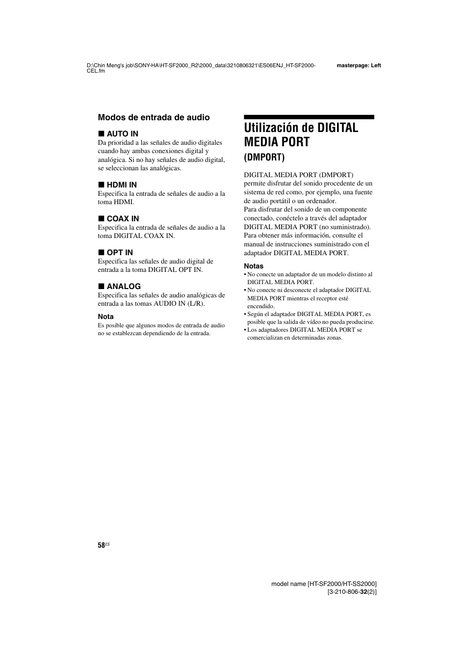 Utilización de digital media port (dmport), Utilización de digital media port, Dmport) | Sony HT-SS2000 User Manual | Page 58 / 76