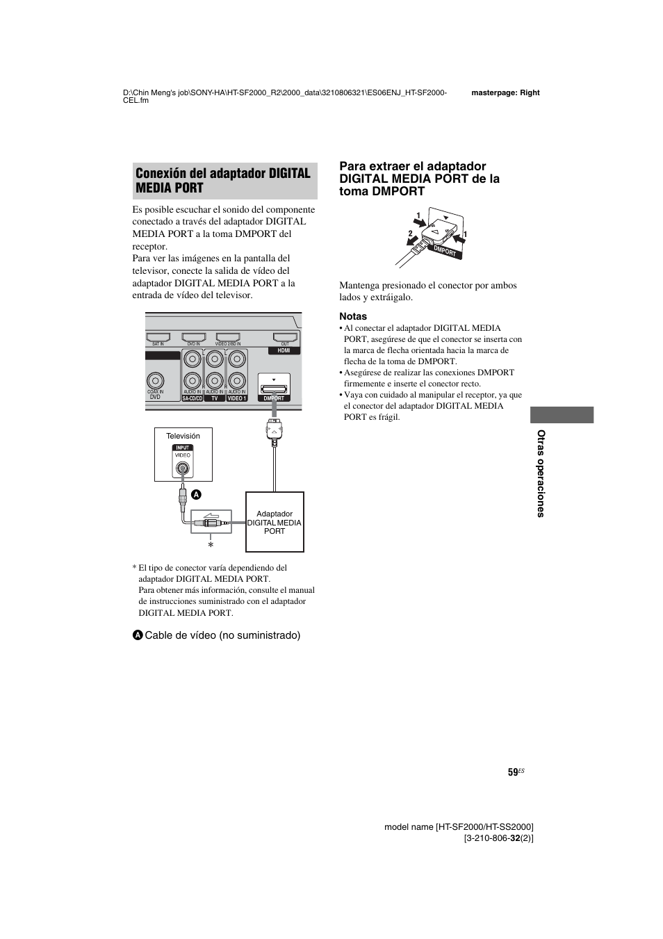 Conexión del adaptador digital media port, Acable de vídeo (no suministrado) | Sony HT-SS2000 User Manual | Page 59 / 76