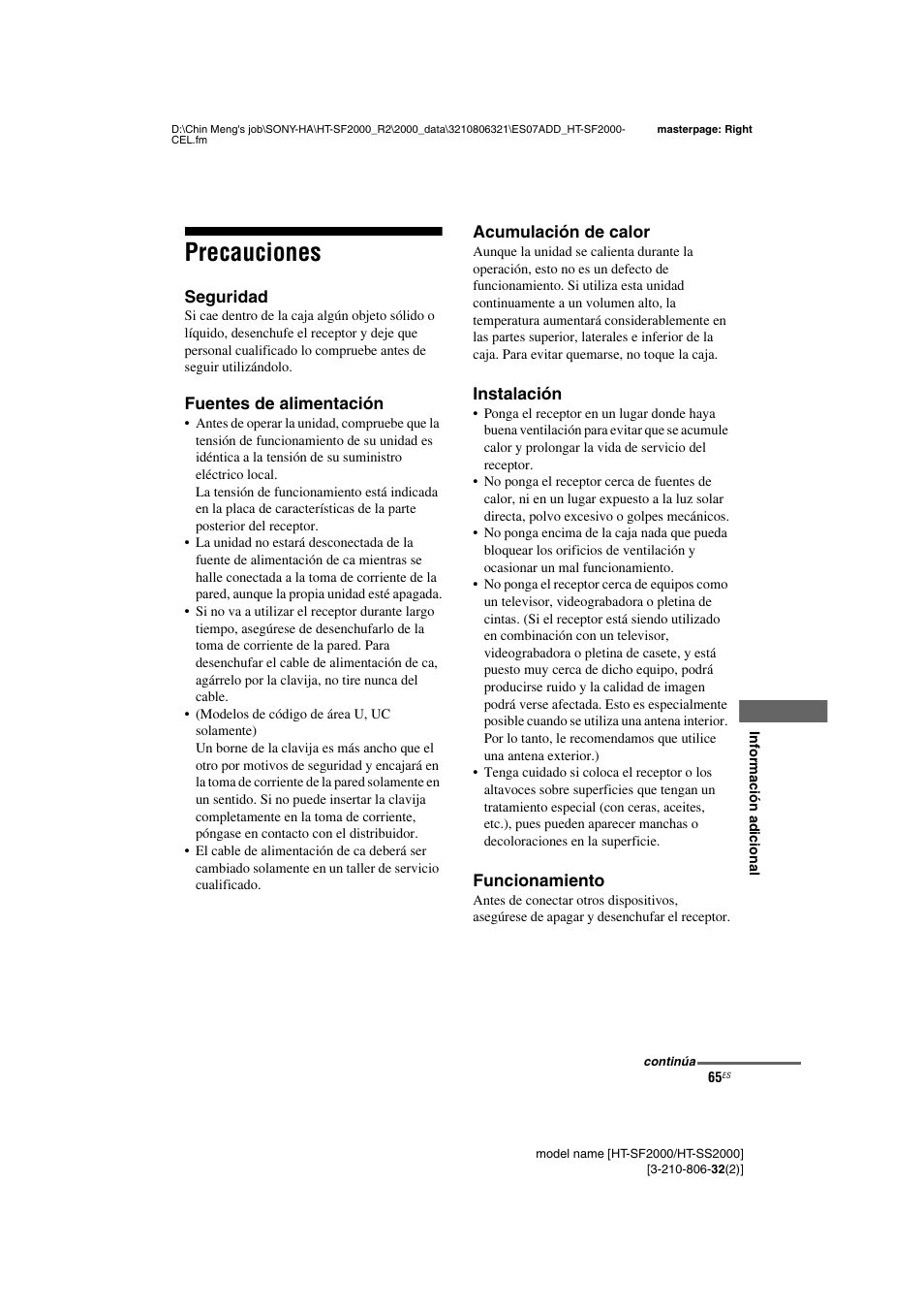 Precauciones | Sony HT-SS2000 User Manual | Page 65 / 76