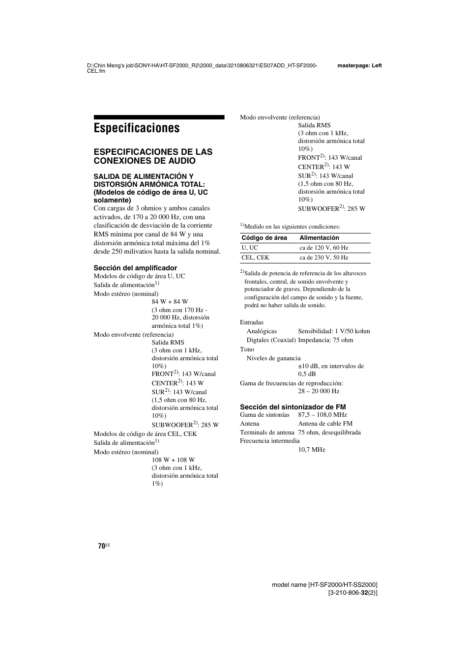 Especificaciones, Especificaciones de las conexiones de audio | Sony HT-SS2000 User Manual | Page 70 / 76