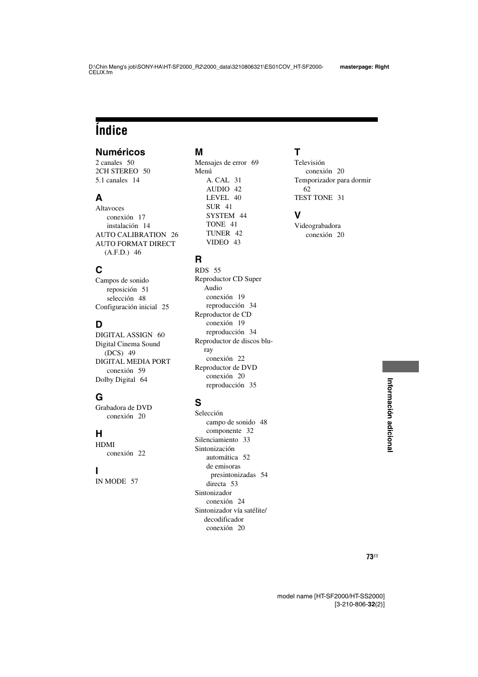 Índice, Numéricos | Sony HT-SS2000 User Manual | Page 73 / 76