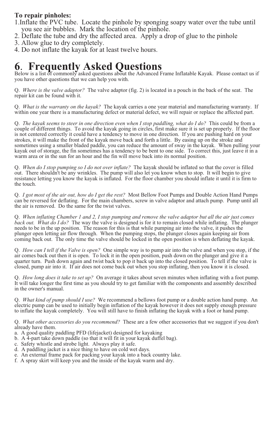 6 . frequently asked questions | Advanced Elements STRAITEDGE AE1006 User Manual | Page 10 / 12