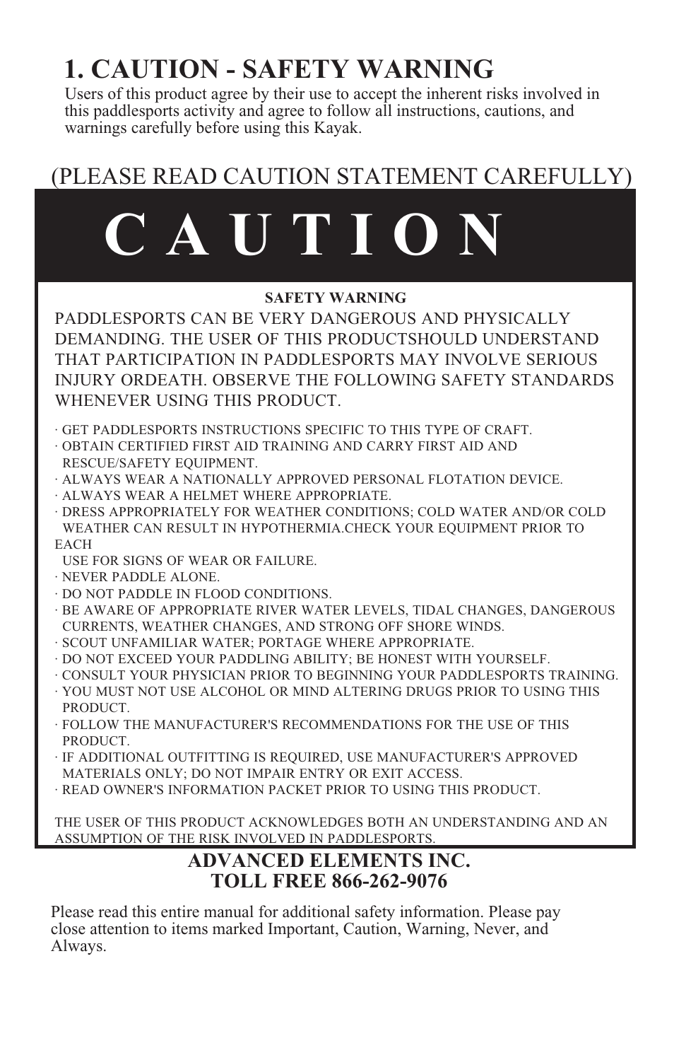 Caution - safety warning, Please read caution statement carefully) | Advanced Elements STRAITEDGE AE1006 User Manual | Page 3 / 12
