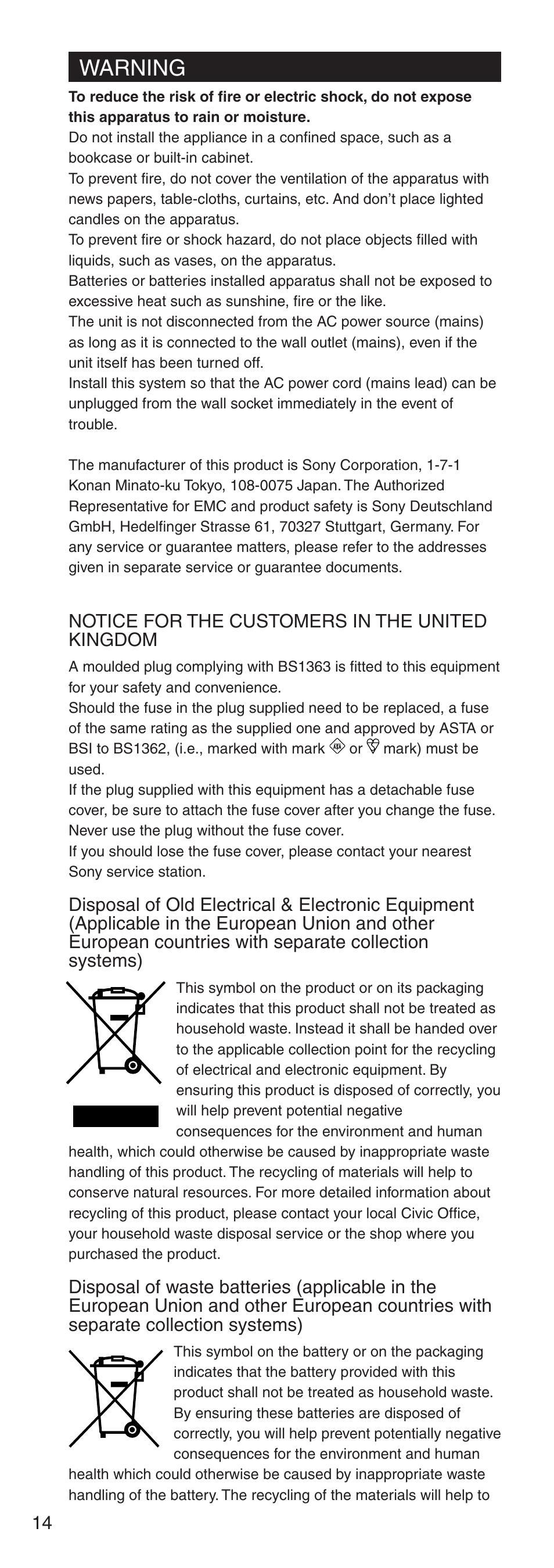 Warning | Sony NSA-PF1 User Manual | Page 14 / 24
