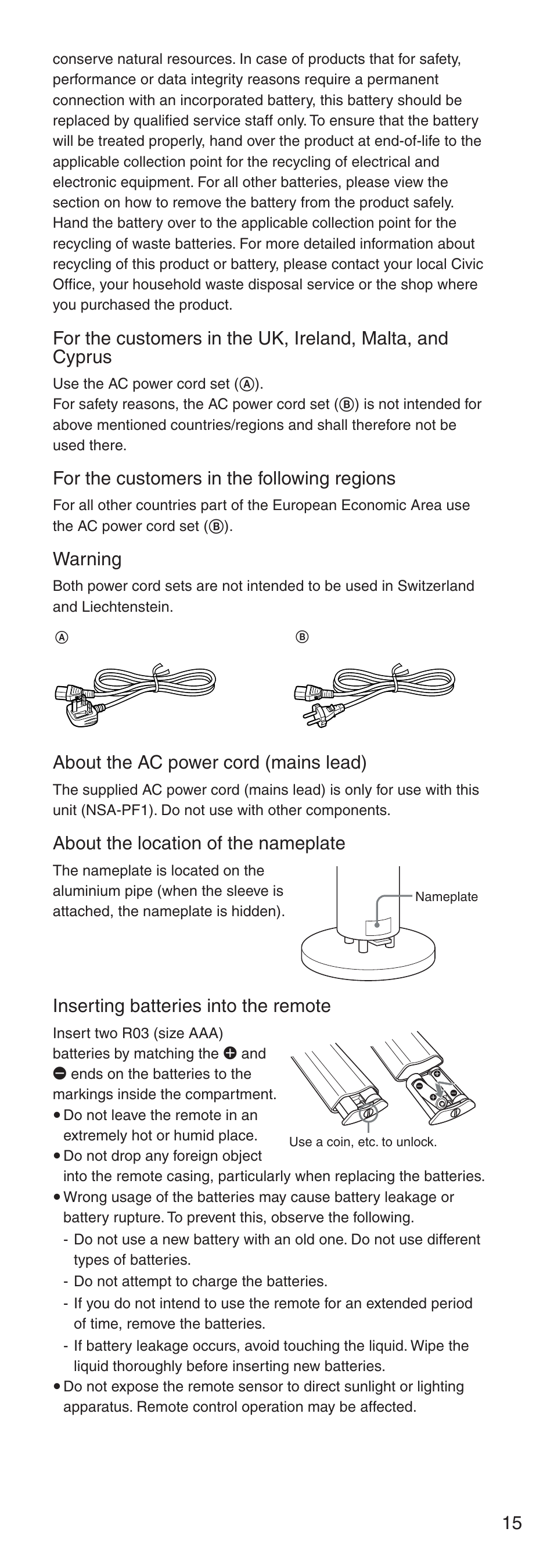 For the customers in the following regions, Warning, About the ac power cord (mains lead) | About the location of the nameplate, Inserting batteries into the remote | Sony NSA-PF1 User Manual | Page 15 / 24