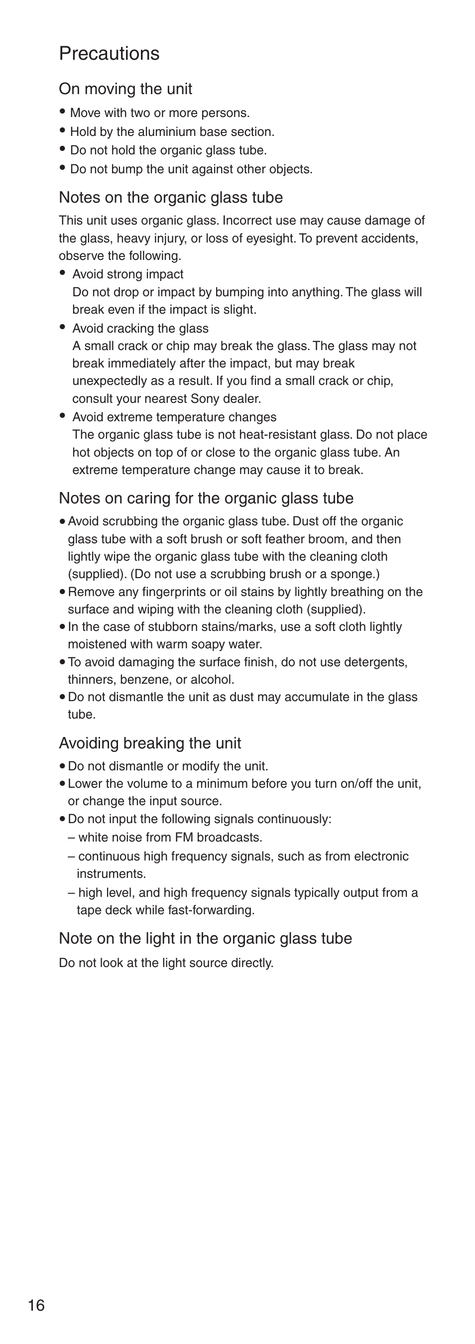 Precautions, On moving the unit, Avoiding breaking the unit | Sony NSA-PF1 User Manual | Page 16 / 24