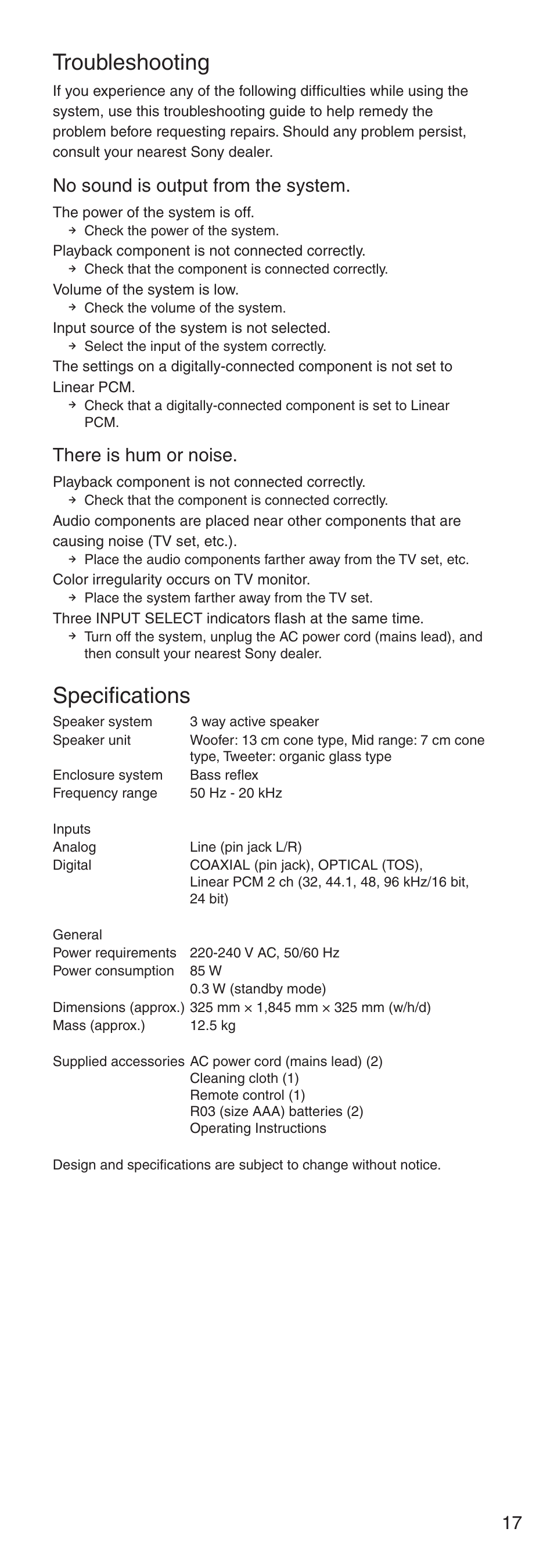 Troubleshooting, Specifications, No sound is output from the system | There is hum or noise | Sony NSA-PF1 User Manual | Page 17 / 24