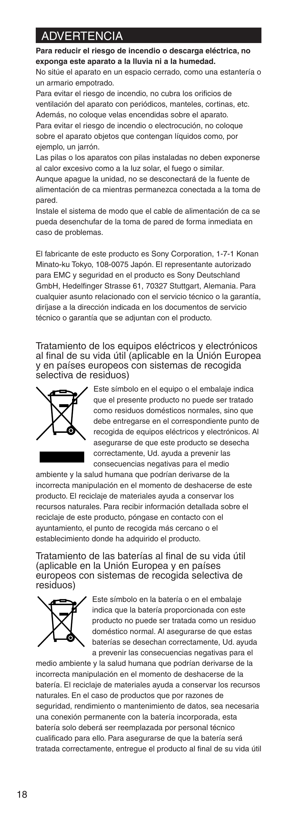 Advertencia | Sony NSA-PF1 User Manual | Page 18 / 24