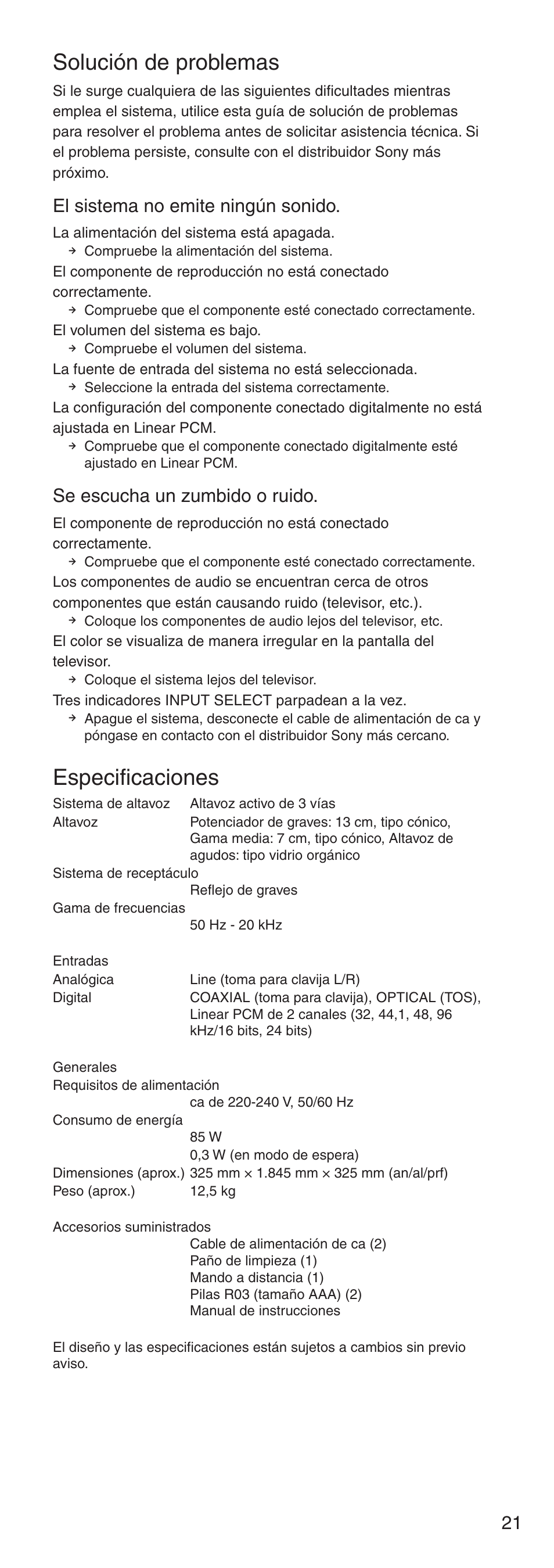 Solución de problemas, Especificaciones, El sistema no emite ningún sonido | Se escucha un zumbido o ruido | Sony NSA-PF1 User Manual | Page 21 / 24