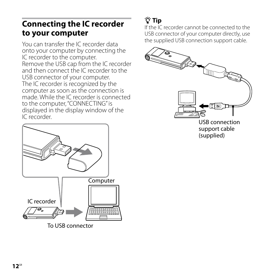 Connecting the ic recorder to your computer | Sony ICD-UX80 User Manual | Page 12 / 60