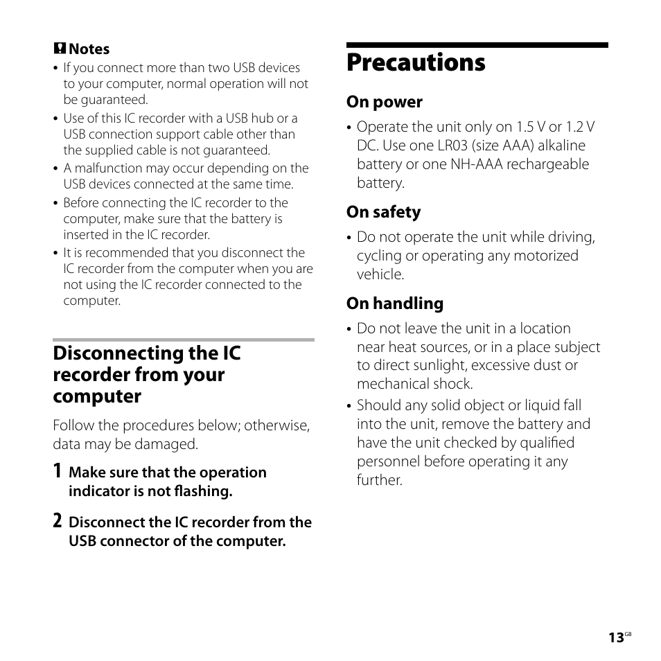 Precautions, Disconnecting the ic recorder from your computer, On power | On safety, On handling | Sony ICD-UX80 User Manual | Page 13 / 60