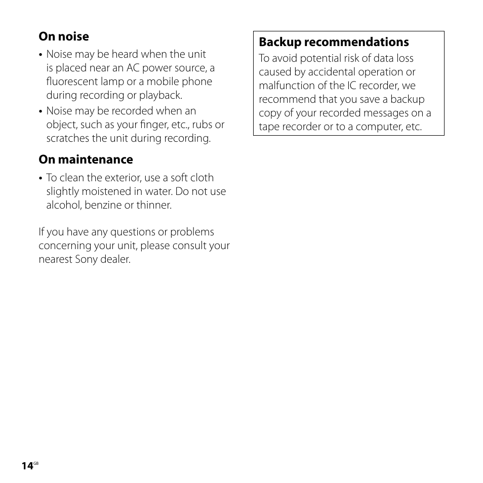 On noise, On maintenance, Backup recommendations | Sony ICD-UX80 User Manual | Page 14 / 60