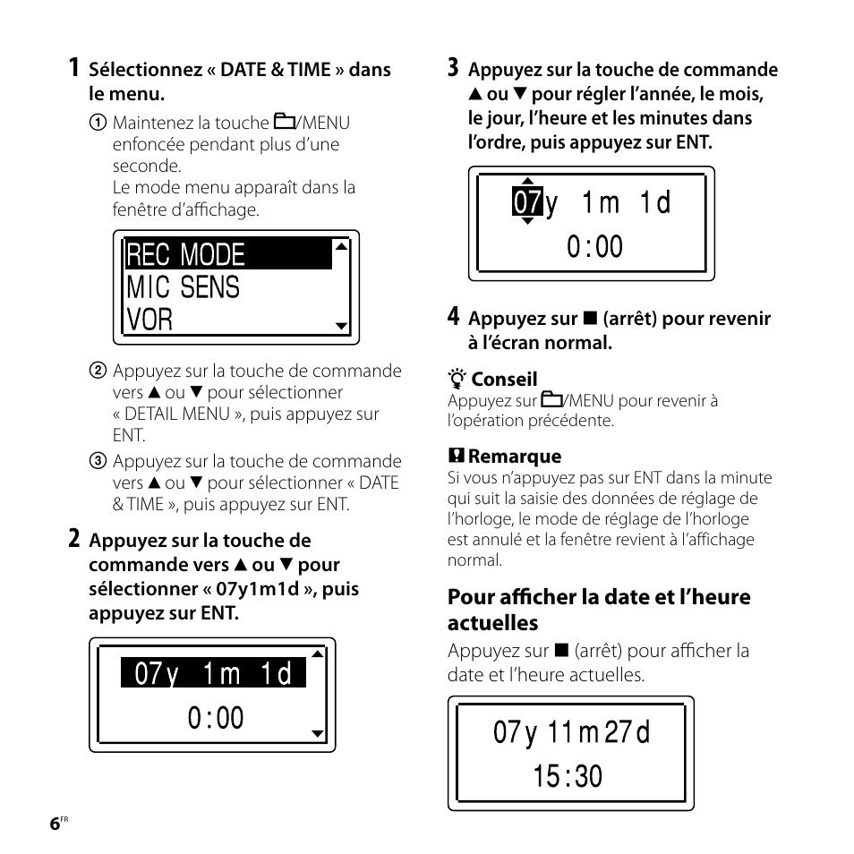 Pour afficher la date et l’heure actuelles | Sony ICD-UX80 User Manual | Page 20 / 60