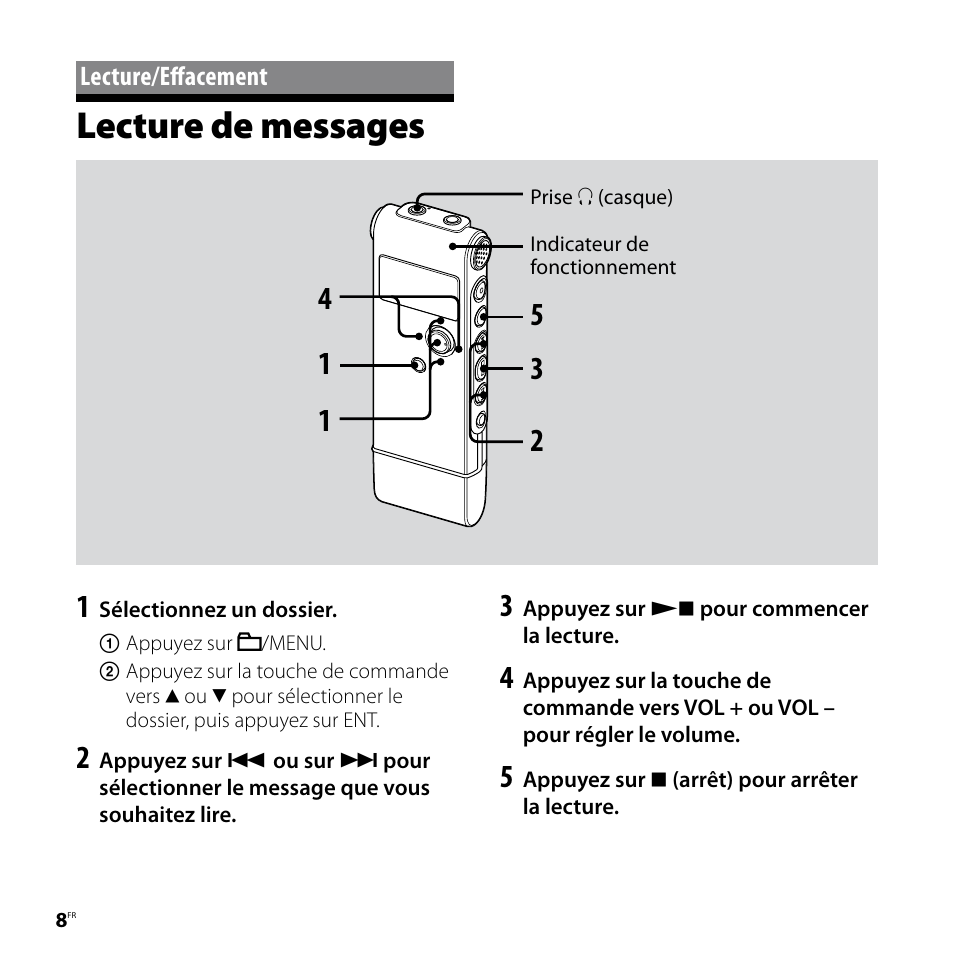 Lecture/effacement, Lecture de messages | Sony ICD-UX80 User Manual | Page 22 / 60