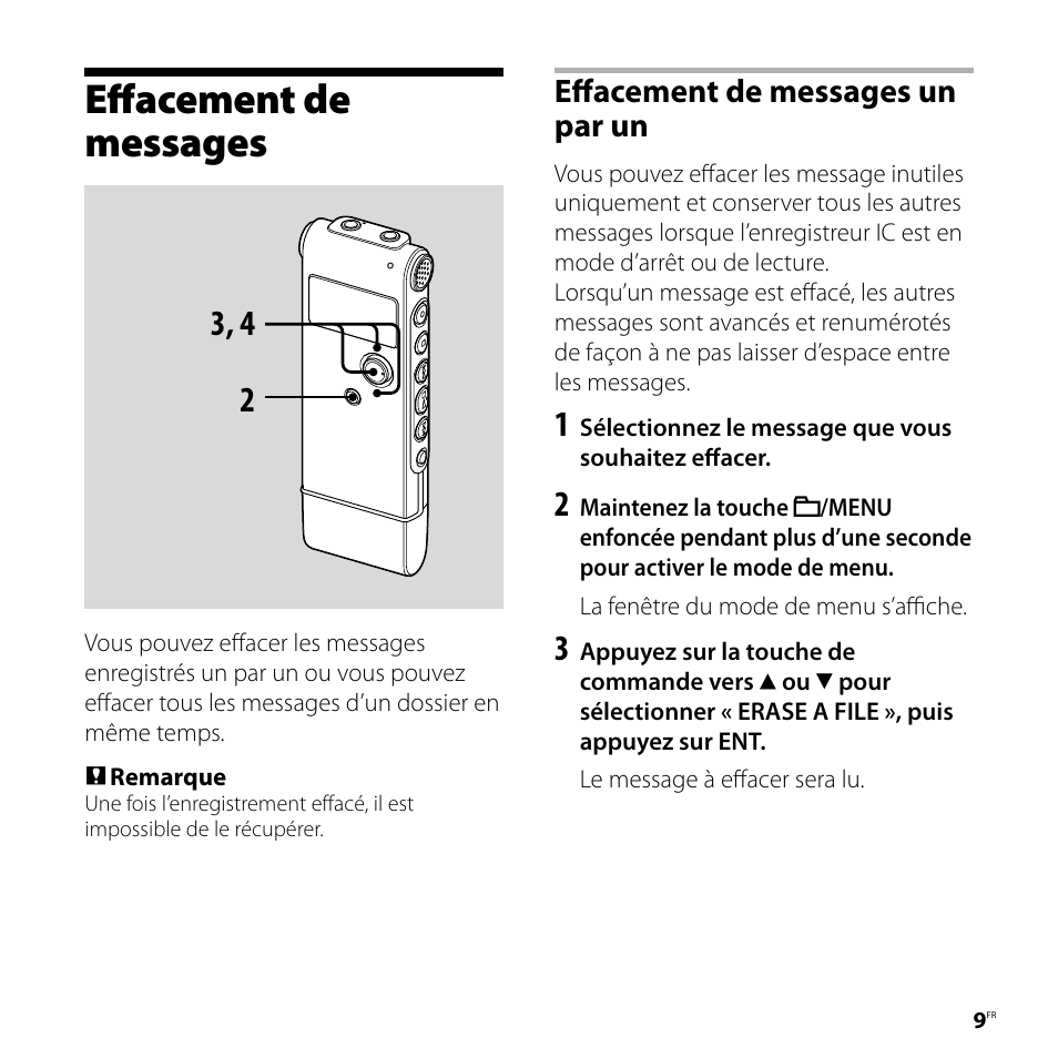 Effacement de messages, Effacement de messages un par un | Sony ICD-UX80 User Manual | Page 23 / 60