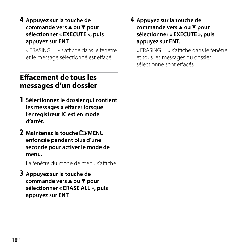 Effacement de tous les messages d’un dossier | Sony ICD-UX80 User Manual | Page 24 / 60