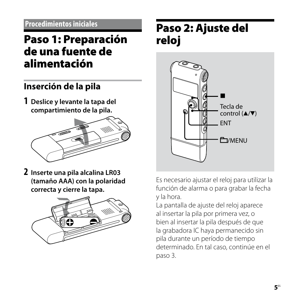 Procedimientos iniciales, Paso 1: preparación de una fuente de alimentación, Paso 2: ajuste del reloj | Paso 1: preparación de una, Fuente de alimentación paso 2: ajuste del reloj, Inserción de la pila | Sony ICD-UX80 User Manual | Page 33 / 60