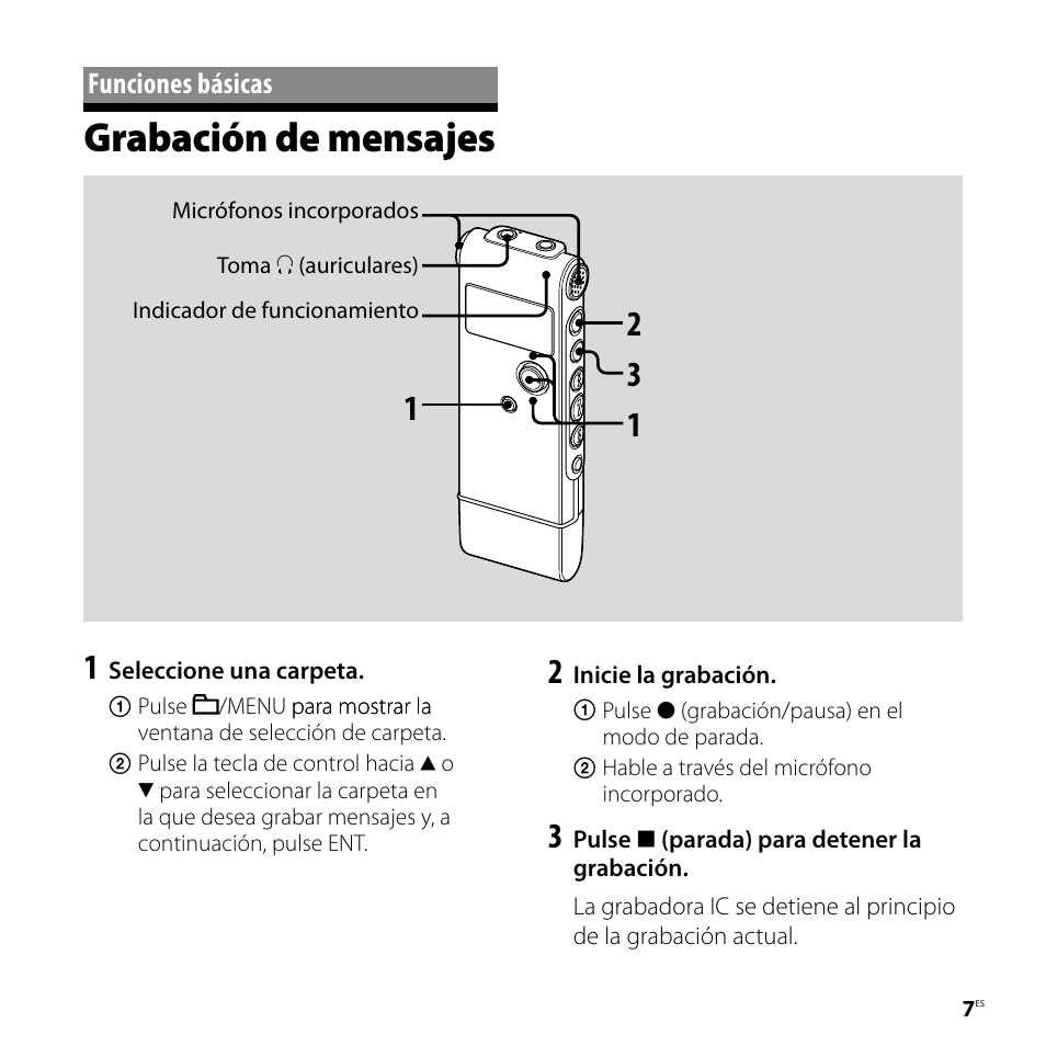 Funciones básicas, Grabación de mensajes | Sony ICD-UX80 User Manual | Page 35 / 60