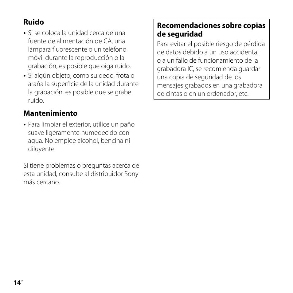 Ruido, Mantenimiento, Recomendaciones sobre copias de seguridad | Sony ICD-UX80 User Manual | Page 42 / 60