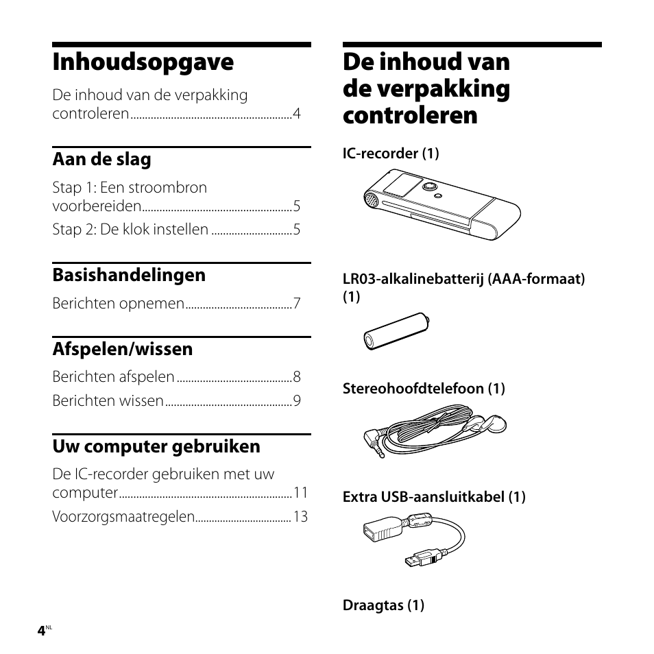 Inhoudsopgave, De inhoud van de verpakking controleren | Sony ICD-UX80 User Manual | Page 46 / 60