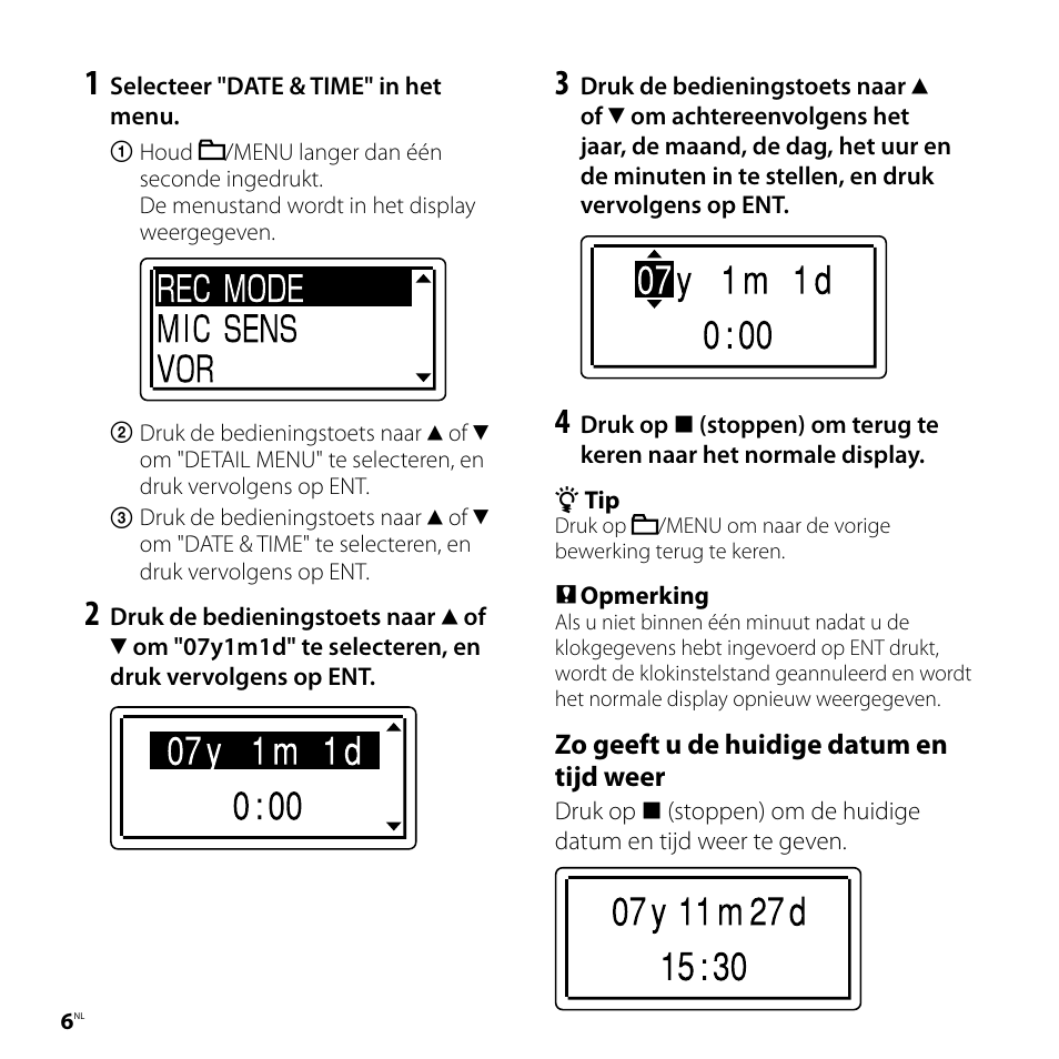 Zo geeft u de huidige datum en tijd weer | Sony ICD-UX80 User Manual | Page 48 / 60