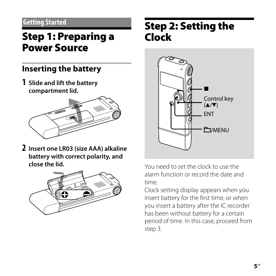 Getting started, Step 1: preparing a power source, Step 2: setting the clock | Inserting the battery | Sony ICD-UX80 User Manual | Page 5 / 60