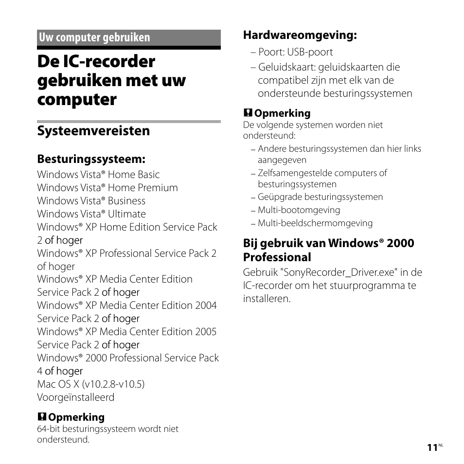 Uw computer gebruiken, De ic-recorder gebruiken met uw computer, De ic-recorder gebruiken met uw | Computer, Systeemvereisten | Sony ICD-UX80 User Manual | Page 53 / 60