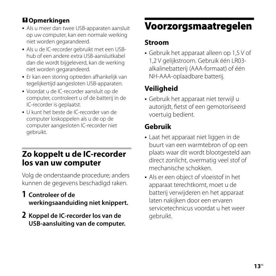 Voorzorgsmaatregelen, Zo koppelt u de ic-recorder los van uw computer, Stroom | Veiligheid, Gebruik | Sony ICD-UX80 User Manual | Page 55 / 60