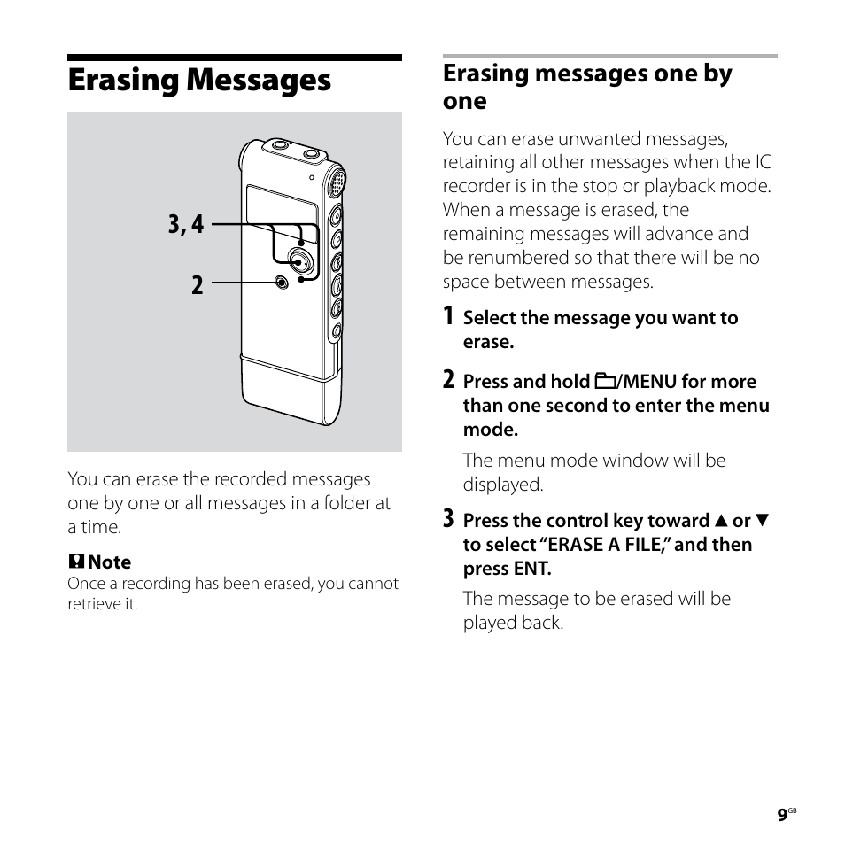 Erasing messages, Erasing messages one by one | Sony ICD-UX80 User Manual | Page 9 / 60