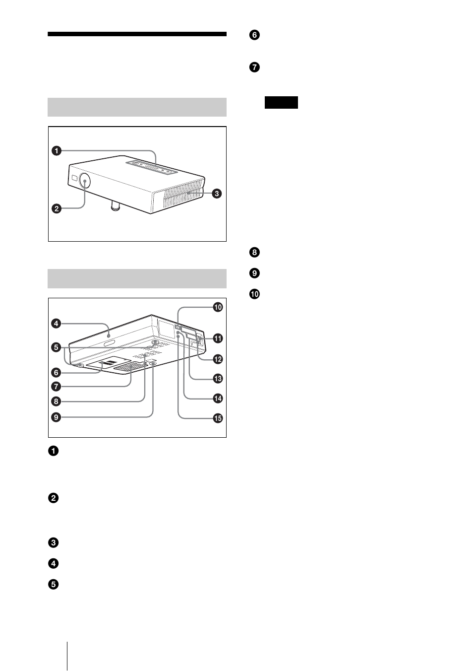 Location and function of controls, Top/front/left side, Rear/right side/bottom | Location and function of controls . 10 | Sony VPL-ES1 User Manual | Page 10 / 156