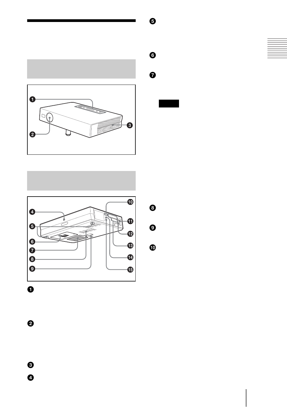Ubicación y función de los controles, Parte superior/frontal/ izquierda, Parte posterior/derecha/ inferior | Parte superior/frontal/izquierda, Parte posterior/derecha/inferior | Sony VPL-ES1 User Manual | Page 111 / 156