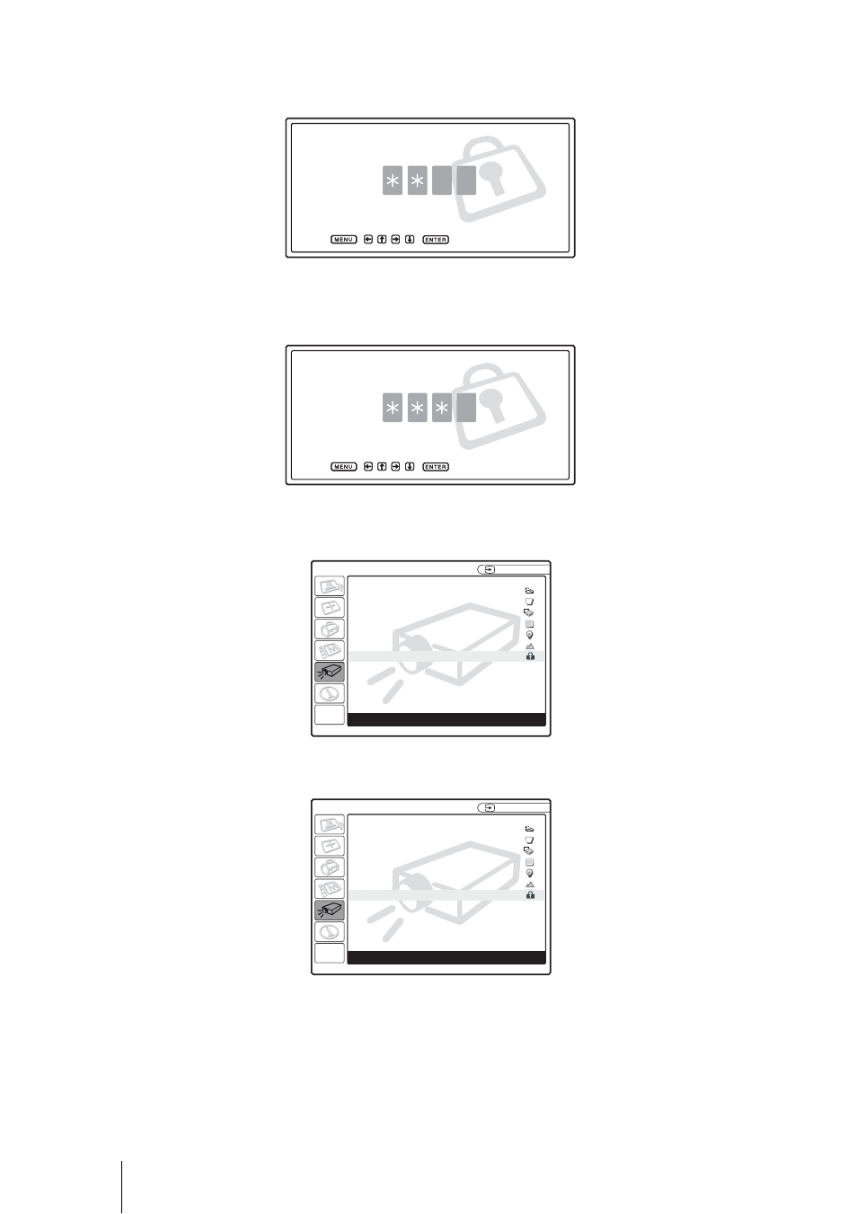 Escriba la contraseña de nuevo, para confirmarla, El bloqueo de seguridad está completo, Proyección | Sony VPL-ES1 User Manual | Page 126 / 156